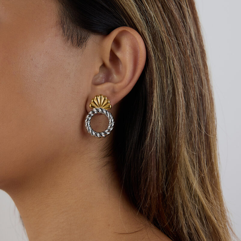 18K Gold Plated Stainless Steel Door Knob Earrings - Two-Tone Hollow Screw Thread Minimalist Dangle Earrings for Women - Image 3