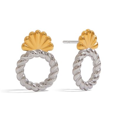 18K Gold Plated Stainless Steel Door Knob Earrings - Two-Tone Hollow Screw Thread Minimalist Dangle Earrings for Women