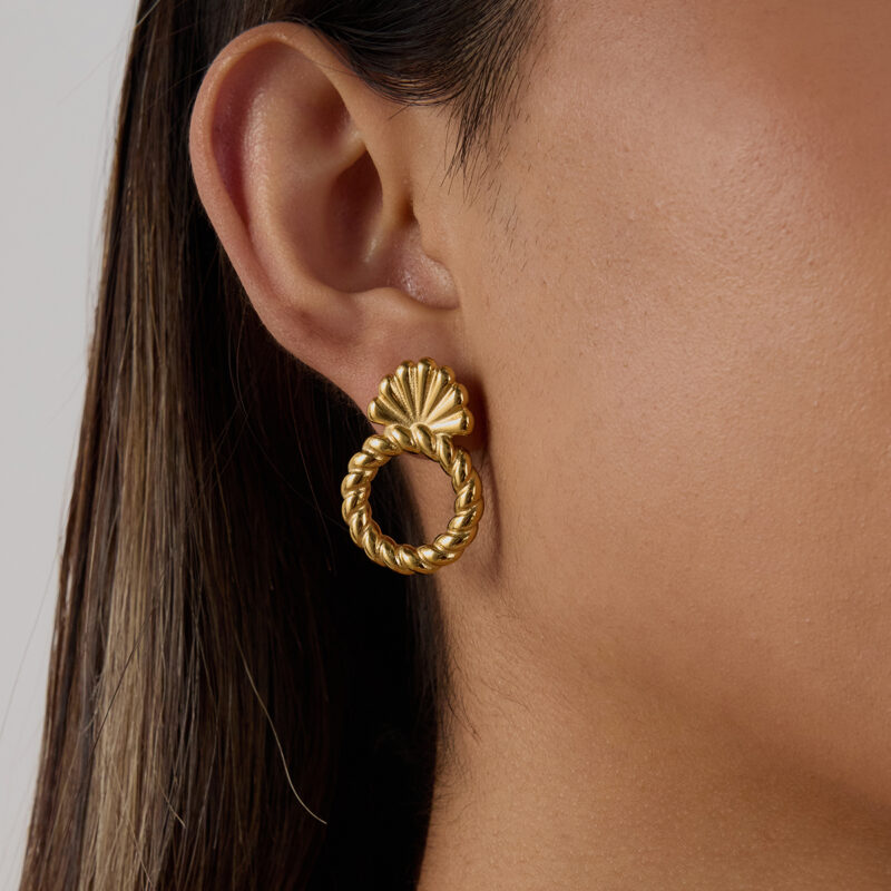 18K Gold Stainless Steel Door Knob Earrings - Modern Minimalist Hollow Screw Thread Design, Fashion Jewelry Pair - Image 3