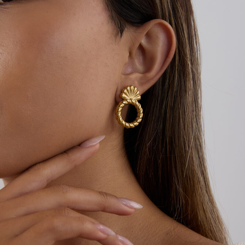 18K Gold Stainless Steel Door Knob Earrings - Modern Minimalist Hollow Screw Thread Design, Fashion Jewelry Pair - Image 4