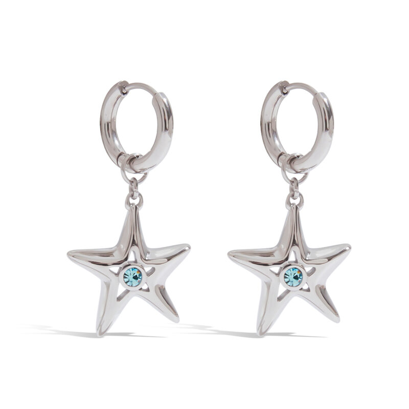 Stainless Steel Blue Zirconia Hollow Star Earrings - Street Style