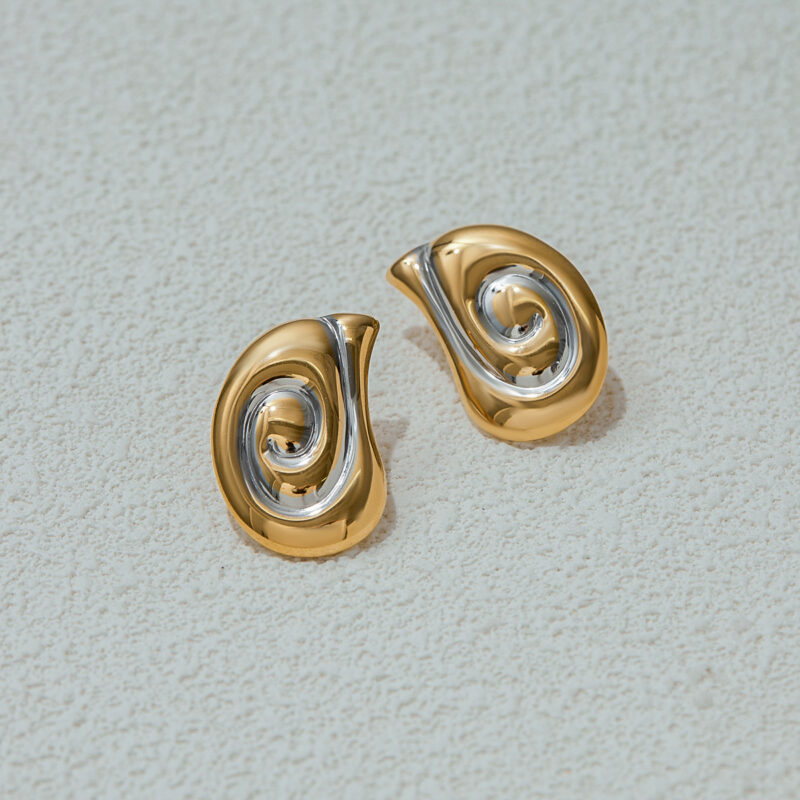 18K Gold Stainless Steel Spiral Earrings - Two-Tone Gold & Silver Minimalist Jewelry Pair - Image 3