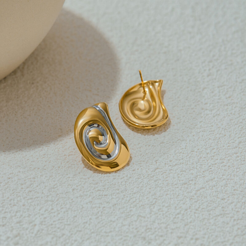 18K Gold Stainless Steel Spiral Earrings - Two-Tone Gold & Silver Minimalist Jewelry Pair - Image 2