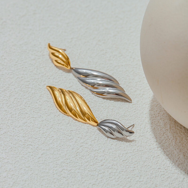 18K Gold Stainless Steel Wing Earrings - Ribbed Two-Tone Minimalist Jewelry for Women - Image 2