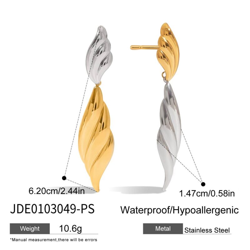 18K Gold Stainless Steel Wing Earrings - Ribbed Two-Tone Minimalist Jewelry for Women - Image 6