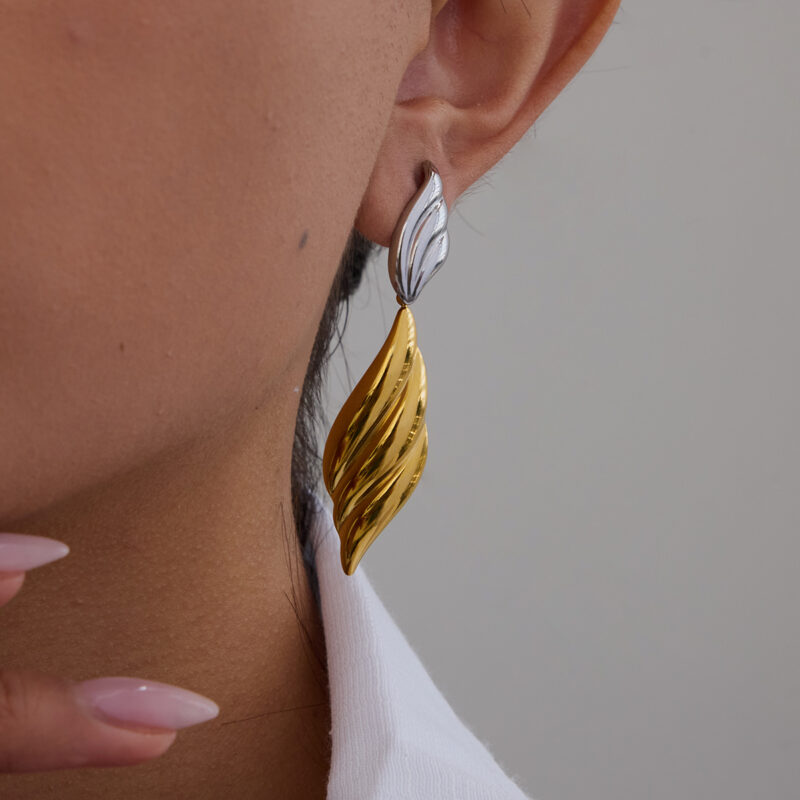 18K Gold Stainless Steel Wing Earrings - Ribbed Two-Tone Minimalist Jewelry for Women - Image 3