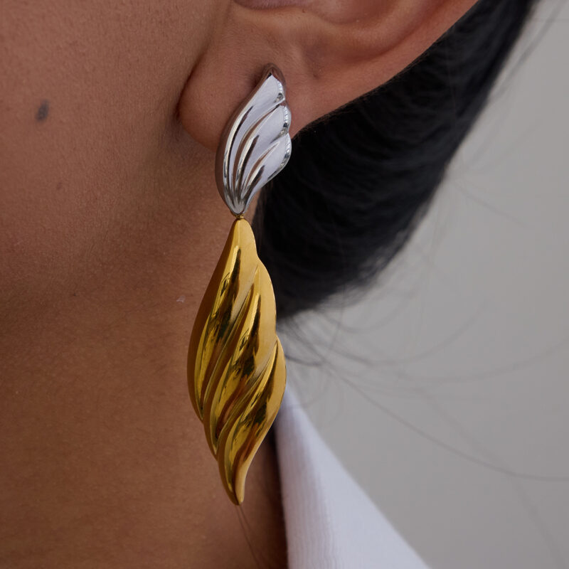 18K Gold Stainless Steel Wing Earrings - Ribbed Two-Tone Minimalist Jewelry for Women - Image 5