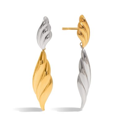 18K Gold Stainless Steel Wing Earrings - Ribbed Two-Tone Minimalist Jewelry for Women