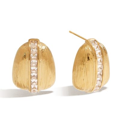 18K Gold Stainless Steel Zircon Earrings - White Teardrop Textured Drop Earrings for Women, Romantic Jewelry Pair