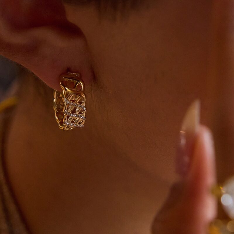 18K Gold Stainless Steel Zircon Earrings - White Zirconia Mesh Drop Earrings for Women, Romantic Jewelry Pair - Image 5