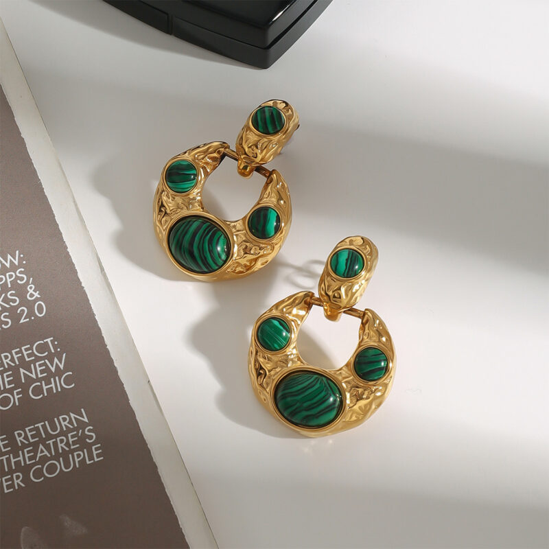 Vintage Women's 18K Gold Stainless Steel Malachite Lava Geometric Earrings Pair - Image 2