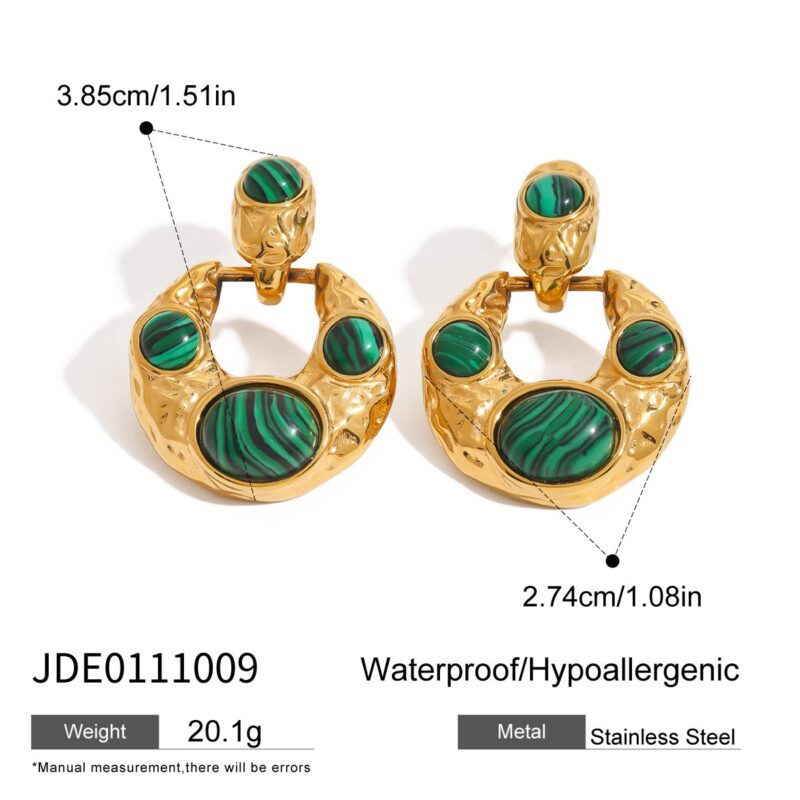 Vintage Women's 18K Gold Stainless Steel Malachite Lava Geometric Earrings Pair - Image 4