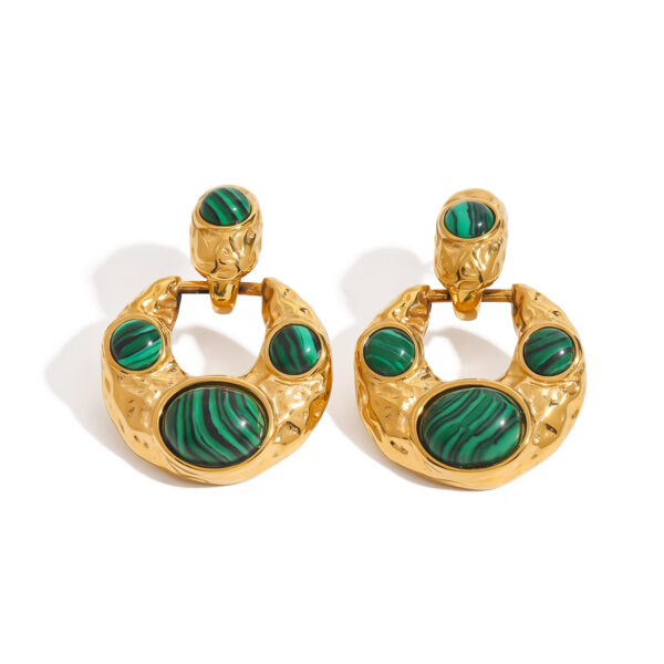 Vintage Women's 18K Gold Stainless Steel Malachite Lava Geometric Earrings Pair