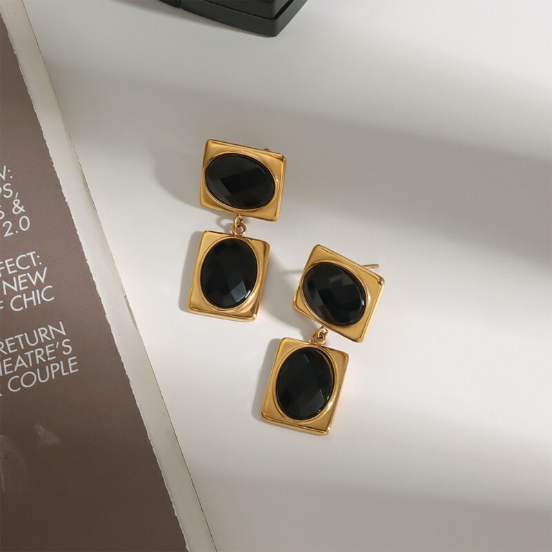Luxury Women's 18K Gold Stainless Steel Glass Stone Geometric Earrings Pair - Image 2