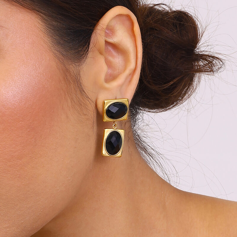 Luxury Women's 18K Gold Stainless Steel Glass Stone Geometric Earrings Pair - Image 4