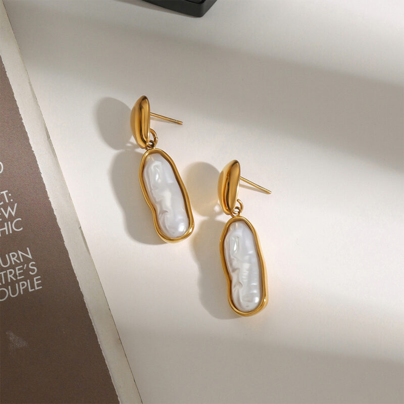 Women's Classic 18K Gold Stainless Steel Long Pearl Drop Earrings Pair - Image 2