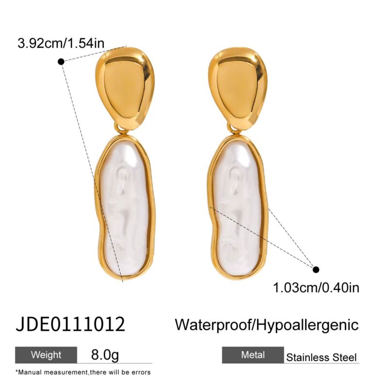 Women's Classic 18K Gold Stainless Steel Long Pearl Drop Earrings Pair - Image 4