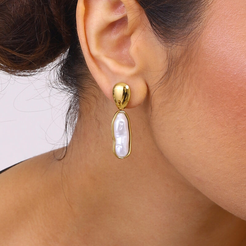 Women's Classic 18K Gold Stainless Steel Long Pearl Drop Earrings Pair - Image 3