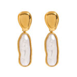 Women's Classic 18K Gold Stainless Steel Long Pearl Drop Earrings Pair