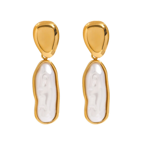 Women's Classic 18K Gold Stainless Steel Long Pearl Drop Earrings Pair
