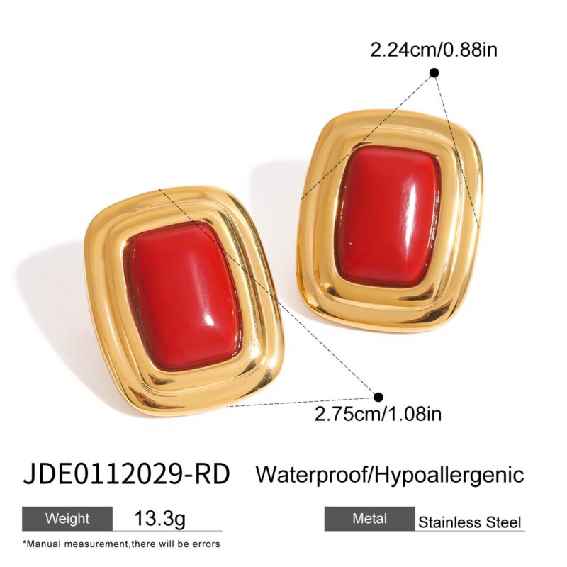 Women Style Retro Style 18K Gold Stainless Steel Red Agate Square Round Red Agate Earrings - Image 6