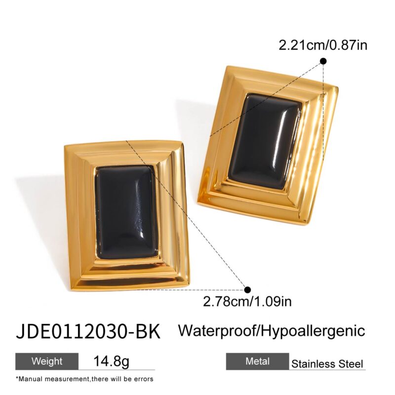 Retro Style 18K Gold Stainless Steel Black Onyx Rib Square Black Onyx Earrings - Image 6