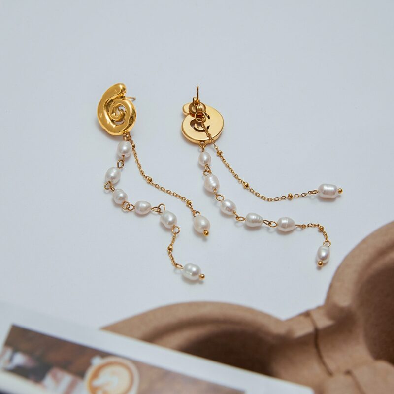 J&D 18k Gold Plate Stainless Steel Jewelry Holiday Style Freshwater Pearl Tassel Pendant Spiral Earrings - Image 3