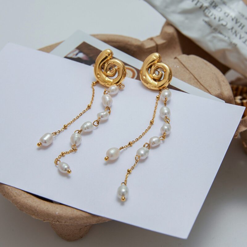 J&D 18k Gold Plate Stainless Steel Jewelry Holiday Style Freshwater Pearl Tassel Pendant Spiral Earrings - Image 2