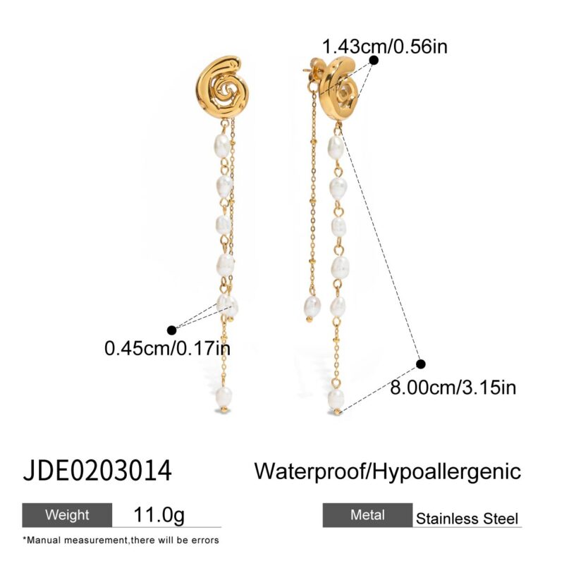 J&D 18k Gold Plate Stainless Steel Jewelry Holiday Style Freshwater Pearl Tassel Pendant Spiral Earrings - Image 6