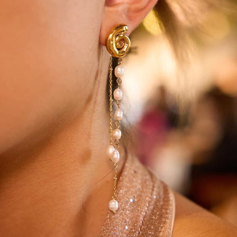 J&D 18k Gold Plate Stainless Steel Jewelry Holiday Style Freshwater Pearl Tassel Pendant Spiral Earrings - Image 4