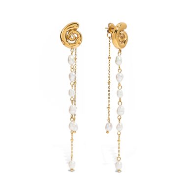 J&D 18k Gold Plate Stainless Steel Jewelry Holiday Style Freshwater Pearl Tassel Pendant Spiral Earrings