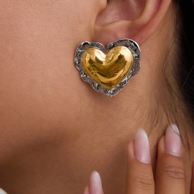 Sweet Romantic 18K Gold Stainless Steel Hammered Textured Love Earrings - Chubby Ruffled Two-Tone Leaf Design for Women - Image 2