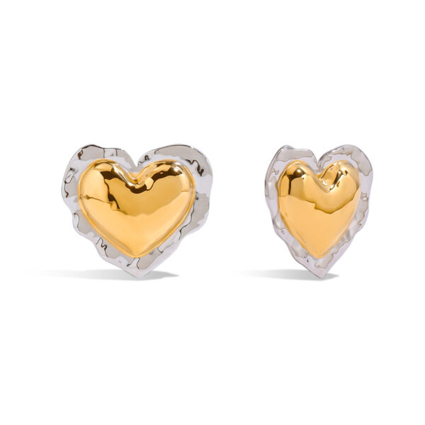 Sweet Romantic 18K Gold Stainless Steel Hammered Textured Love Earrings - Chubby Ruffled Two-Tone Leaf Design for Women