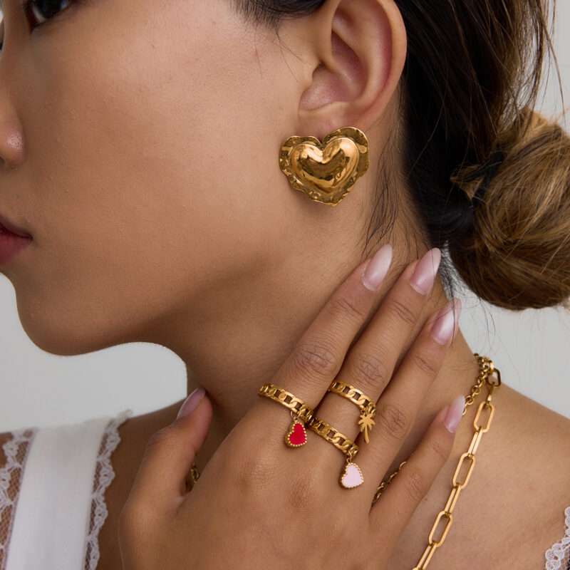 Sweet Romantic 18K Gold Stainless Steel Hammered Love Earrings - Plump Ruffled Edge Heart Design Earrings for Women - Image 3