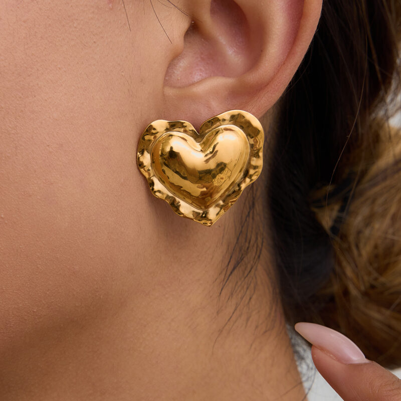 Sweet Romantic 18K Gold Stainless Steel Hammered Love Earrings - Plump Ruffled Edge Heart Design Earrings for Women - Image 2