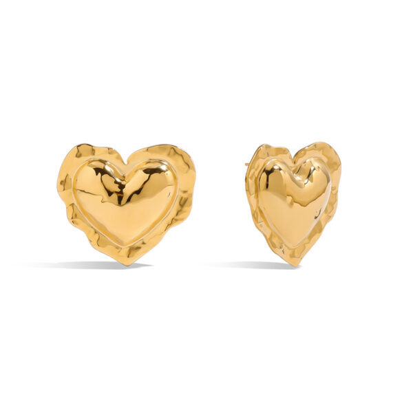 Sweet Romantic 18K Gold Stainless Steel Hammered Love Earrings - Plump Ruffled Edge Heart Design Earrings for Women