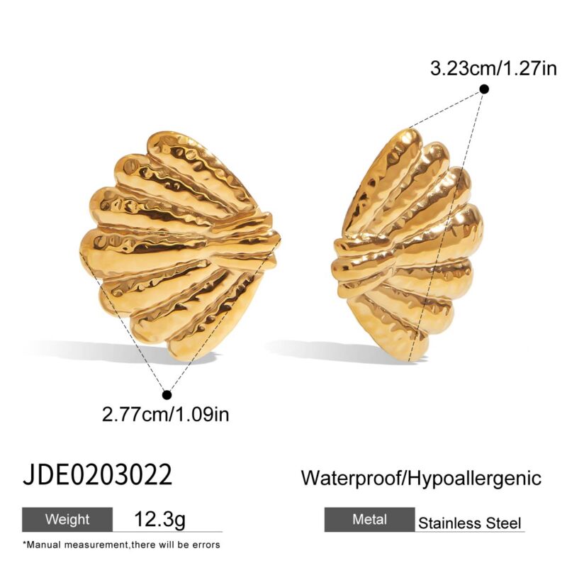 Women's Vintage 18K Gold Stainless Steel Hammered Shell Fan Drop Earrings - Image 7