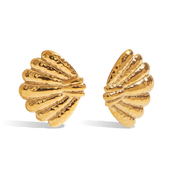 Women's Vintage 18K Gold Stainless Steel Hammered Shell Fan Drop Earrings