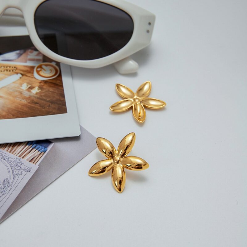 18K Gold Stainless Steel Floral Earrings - Romantic Polished Flower Dangle Earrings for Women - Image 3