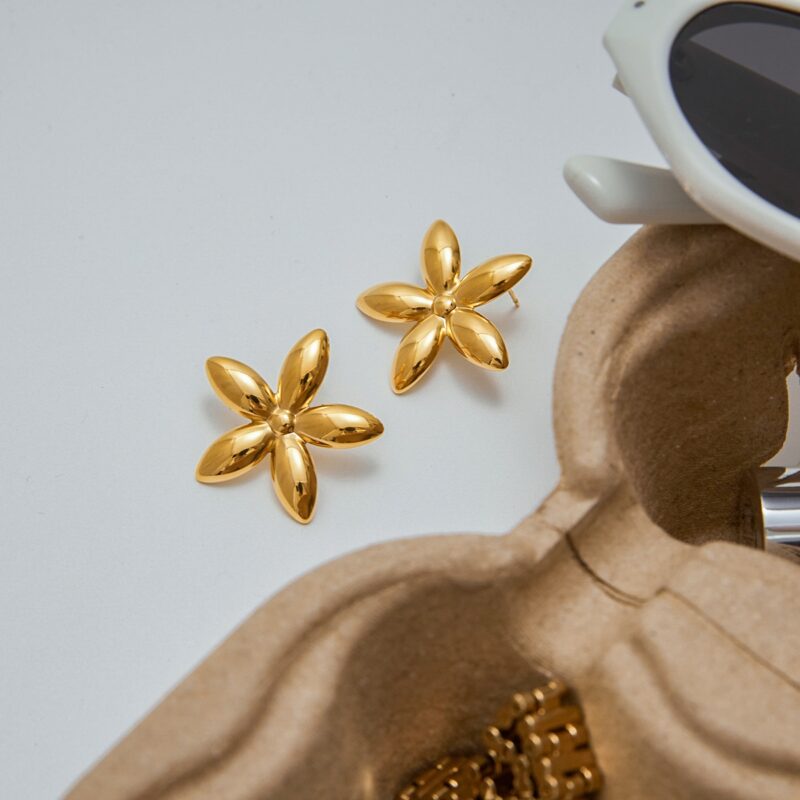 18K Gold Stainless Steel Floral Earrings - Romantic Polished Flower Dangle Earrings for Women - Image 2