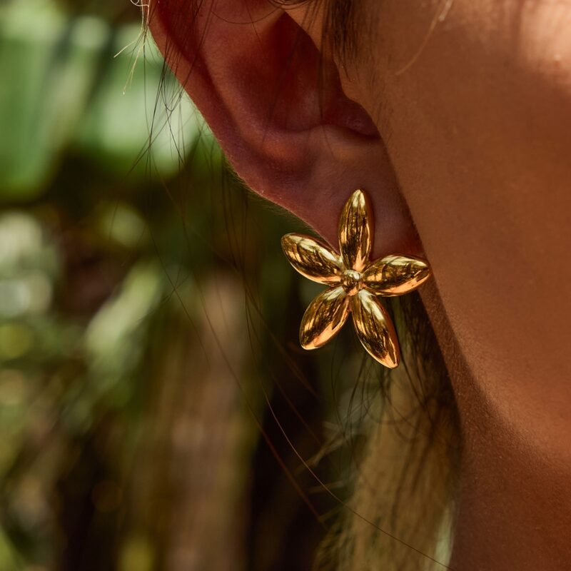 18K Gold Stainless Steel Floral Earrings - Romantic Polished Flower Dangle Earrings for Women - Image 4