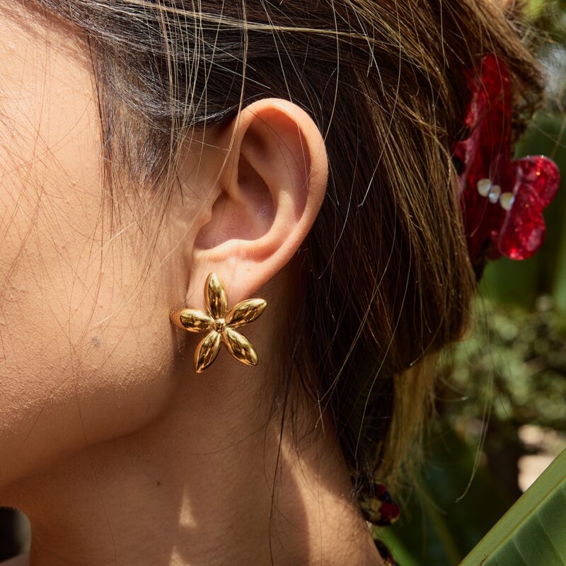 18K Gold Stainless Steel Floral Earrings - Romantic Polished Flower Dangle Earrings for Women - Image 5