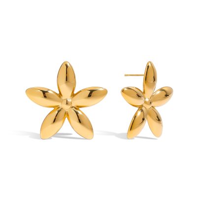 18K Gold Stainless Steel Floral Earrings - Romantic Polished Flower Dangle Earrings for Women