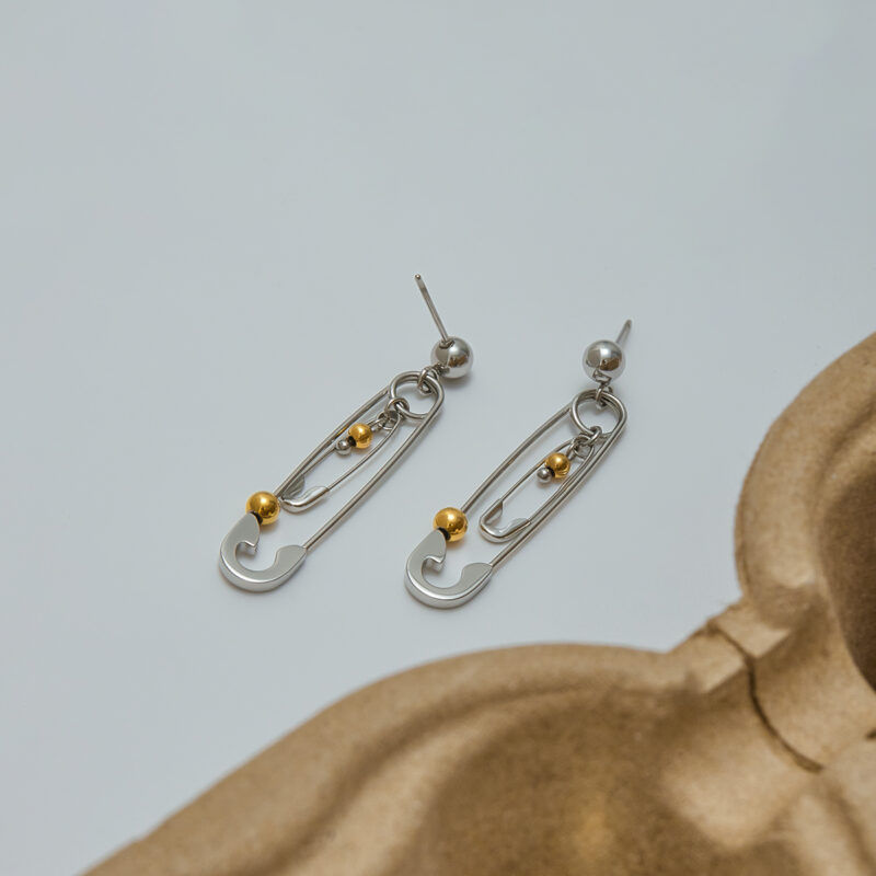 18K Gold Stainless Steel Two-Tone Paperclip Drop Earrings - Image 3