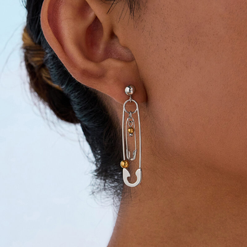 18K Gold Stainless Steel Two-Tone Paperclip Drop Earrings - Image 4