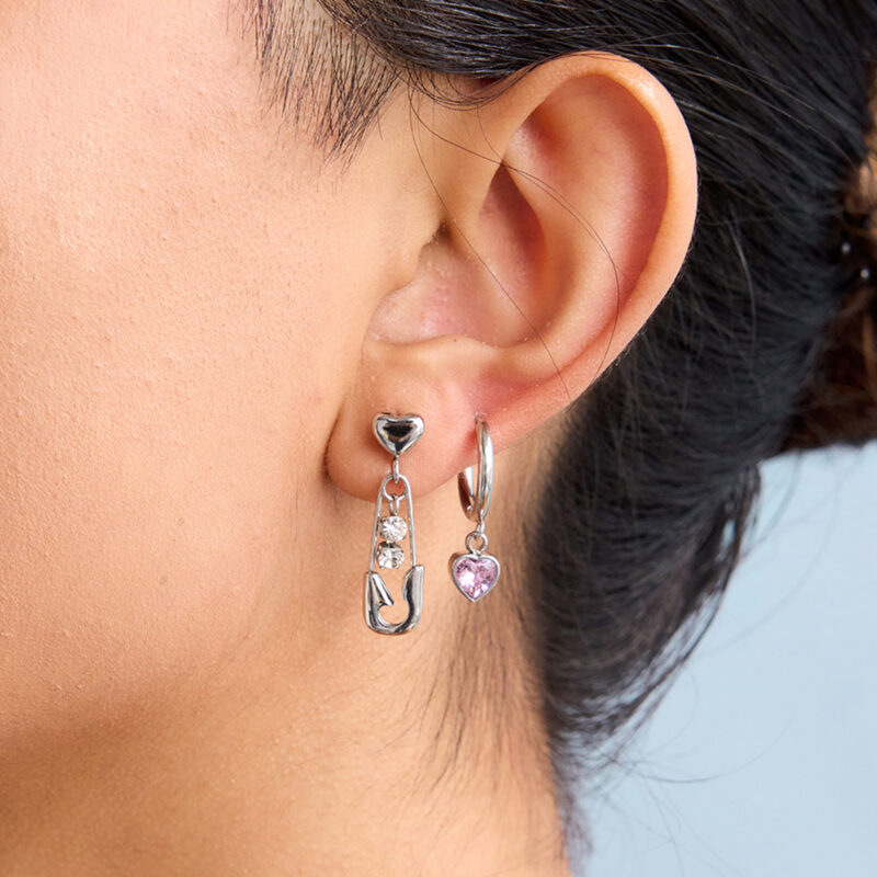Stainless Steel Paperclip Earrings with White Zirconia Pendant - Image 2