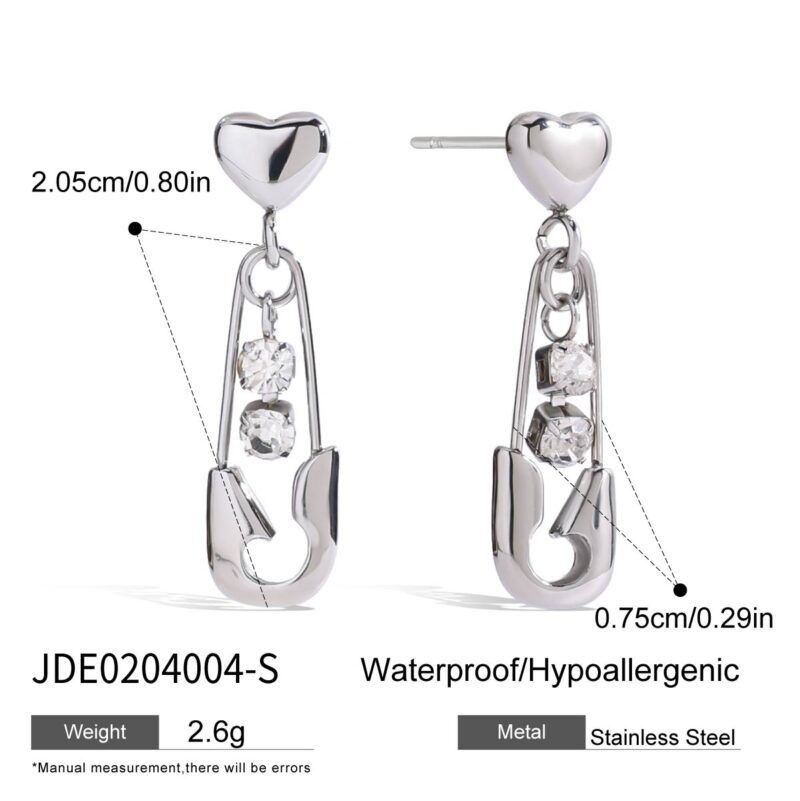 Stainless Steel Paperclip Earrings with White Zirconia Pendant - Image 4