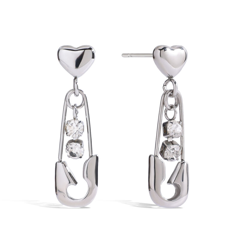 Stainless Steel Paperclip Earrings with White Zirconia Pendant