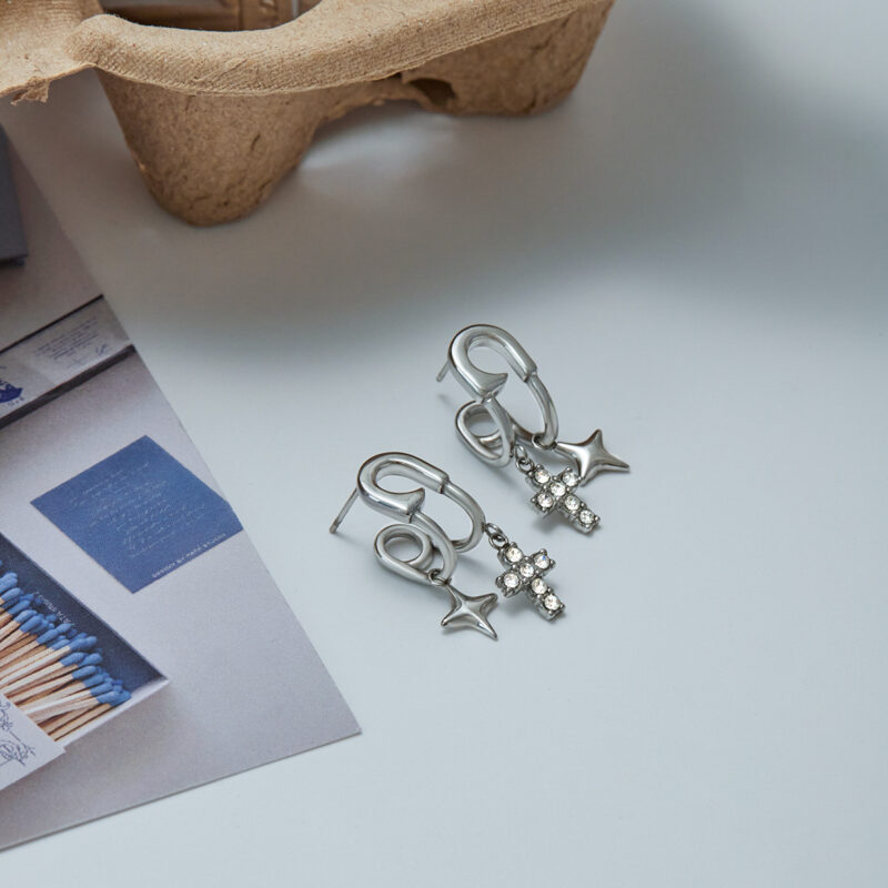 Stainless Steel Paperclip Earrings with Cross & Star Pendant - Unique Design - Image 2