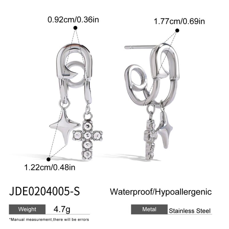 Stainless Steel Paperclip Earrings with Cross & Star Pendant - Unique Design - Image 5